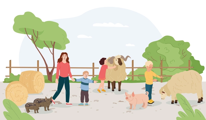 Contact farm flat composition with family spending time in animal petting park cartoon vector illustration