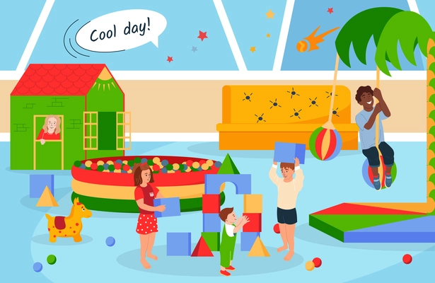 Cool day flat background with preschool children playing together in playroom cartoon vector illustration