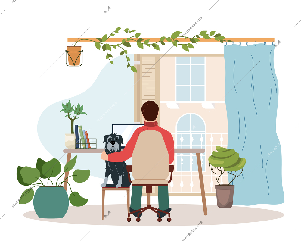 Home composition with man sitting at table with computer in embrace with dog surrounded by domestic plants vector illustration