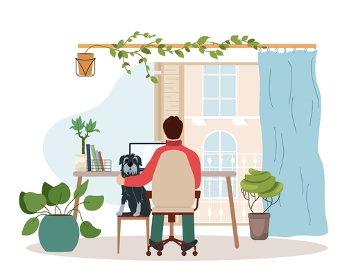 Home composition with man sitting at table with computer in embrace with dog surrounded by domestic plants vector illustration