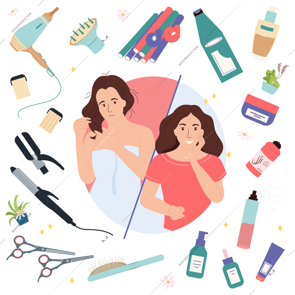 Hair care routine flat concept with dejected and happy girl characters and items for home spa procedures isolated vector illustration