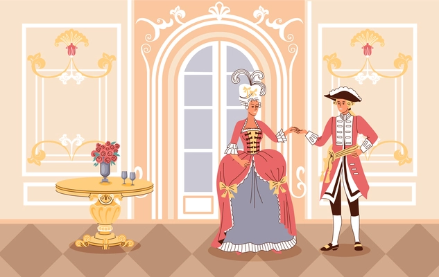 Fashion history flat illustration with lady and gentleman dressed in clothes of 18th century vector illustration