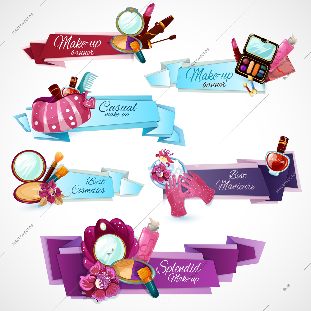 Cosmetics banner set with make-up manicure and body care products isolated vector illustration