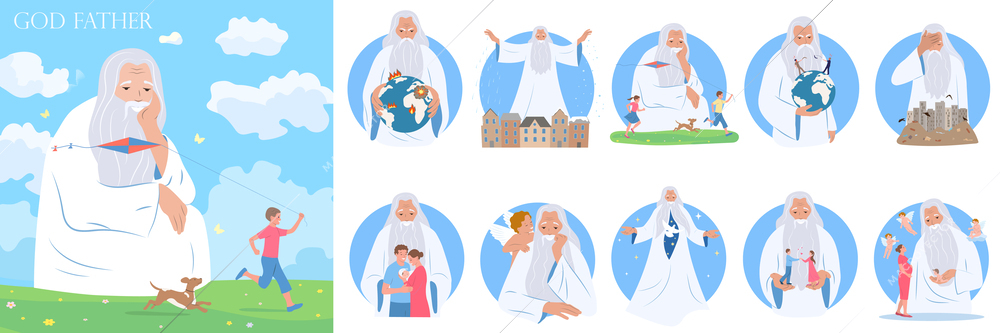 God father flat composition with old man in white gown running boy dog and circles collection vector illustration