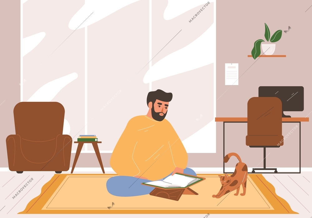 Islam religion flat concept with man reading Koran at home vector illustration