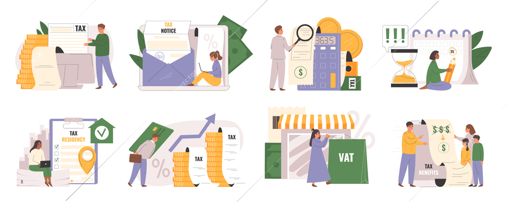 Tax pay flat icons set with salary and funding management isolated vector illustration