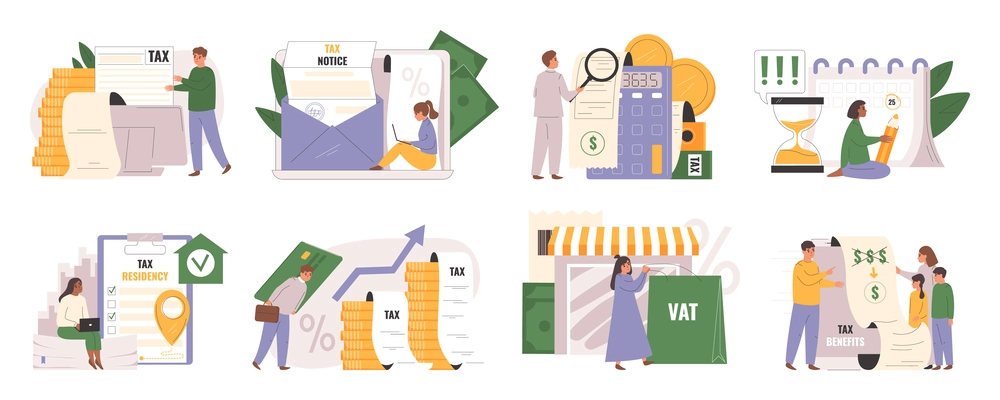 Tax pay flat icons set with salary and funding management isolated vector illustration