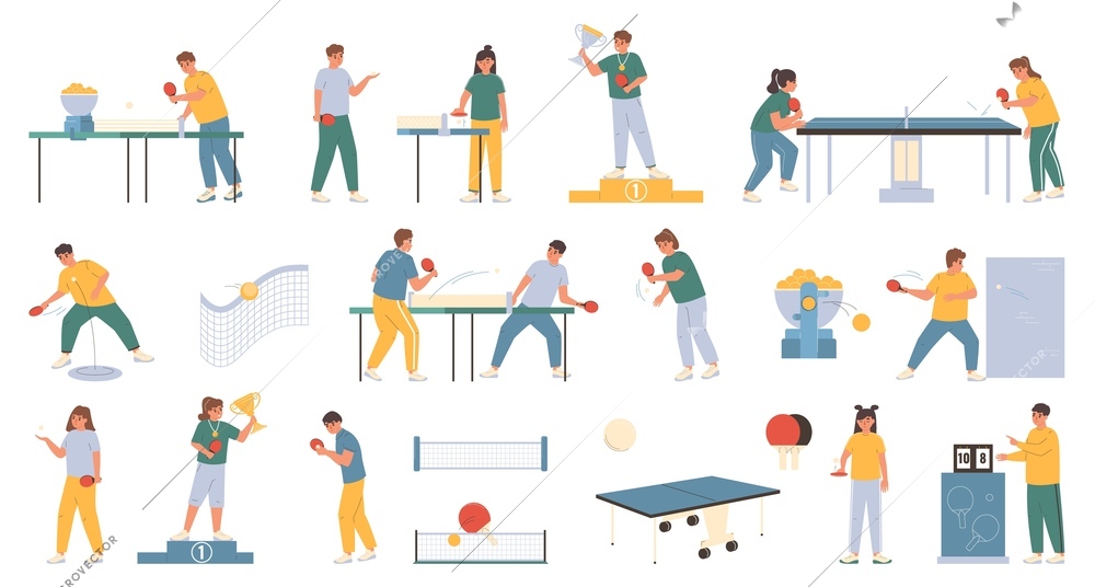 Ping pong flat icons set with people playing table tennis isolated vector illustration