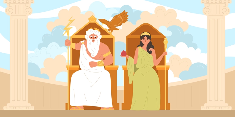 Olympic gods flat concept with Zeus and Hera on thrones vector illustration