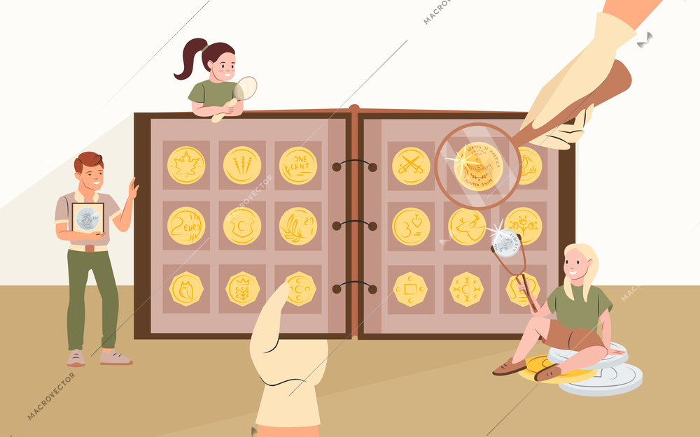 Numismatics flat concept with open album with gold and silver coins and people with magnifying glasses vector illustration