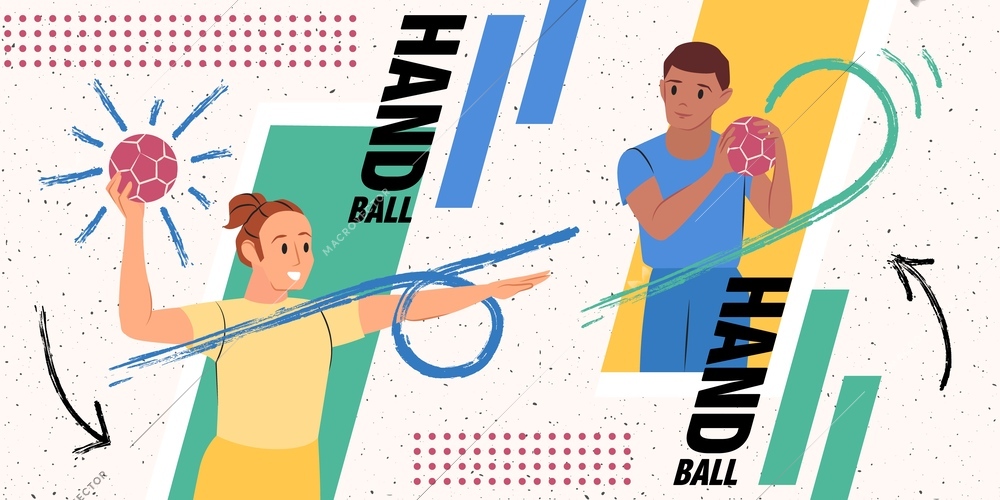 Collage in flat style with male and female handball players holding balls vector illustration