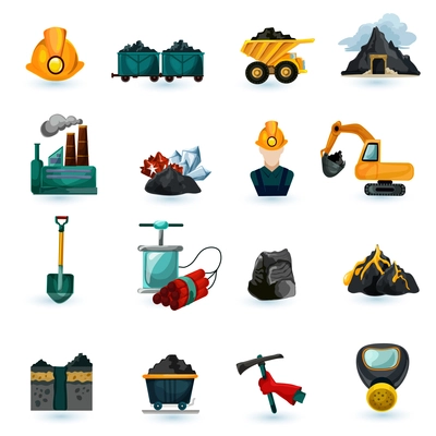 Mining industry gold coal and minerals extraction icons set isolated vector illustration