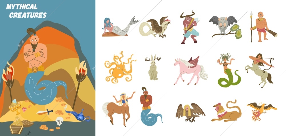 Mythical creatures flat composition with doodle jinn character and set of isolated icons on blank background vector illustration