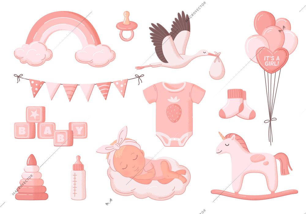 Baby shower girl cartoon icons set with child accessories isolated vector illustration