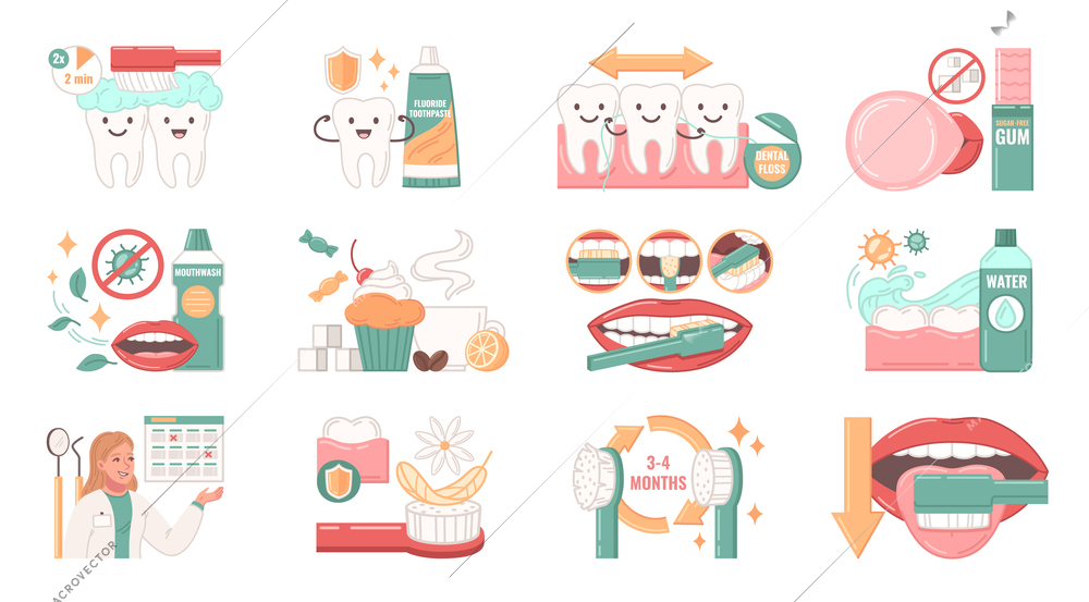 Dental health flat icons set with oral hygiene symbols isolated vector illustration