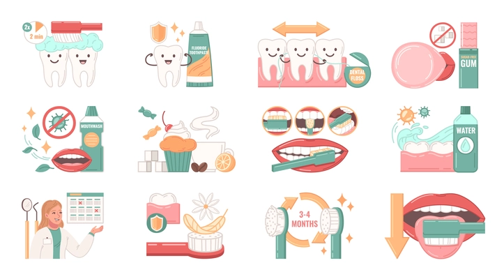 Dental health flat icons set with oral hygiene symbols isolated vector illustration