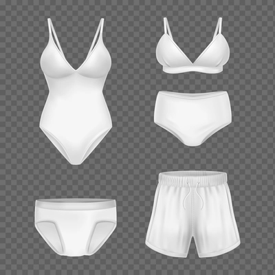 Female swimsuit and male shorts and swimming trunks white set at transparent background realistic vector illustration