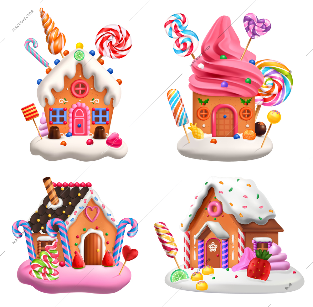 Fantasy sweet world  2x2 design concept set of four isolated cartoon colored gingerbread houses at white background realistic vector illustration