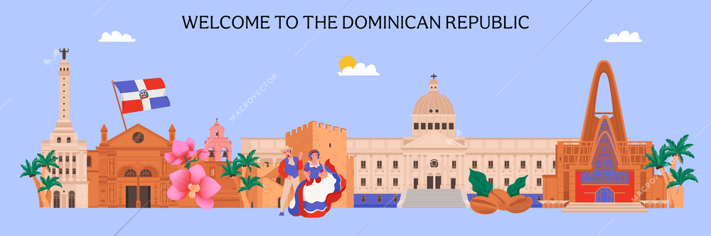 Welcome to dominican republic horizontal ad banner with landmarks and culture items flat vector illustration