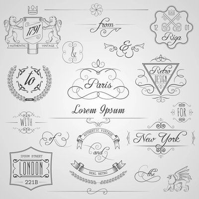 Calligraphic design elements and classic vignette flourish ornament set isolated vector illustration