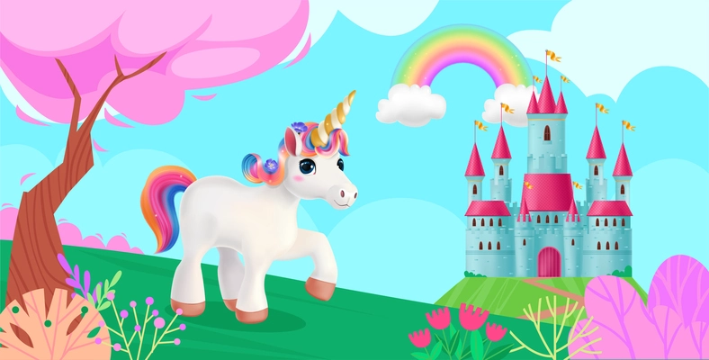 Realistic fantasy magic background with unicorn castle rainbow and pink trees cartoon vector illustration