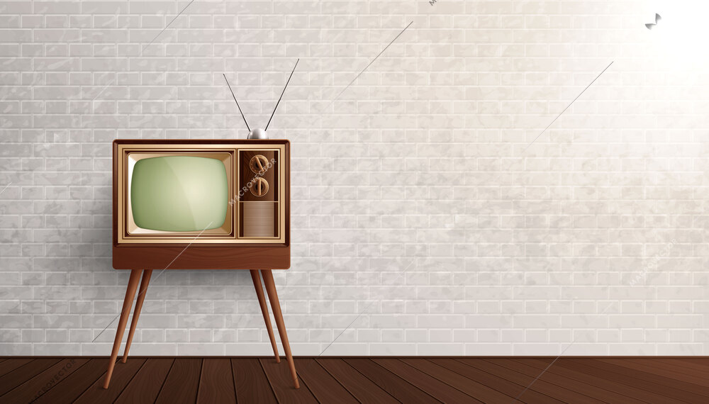 Retro vintage old tv realistic composition with indoor view of room with brick wall and television vector illustration