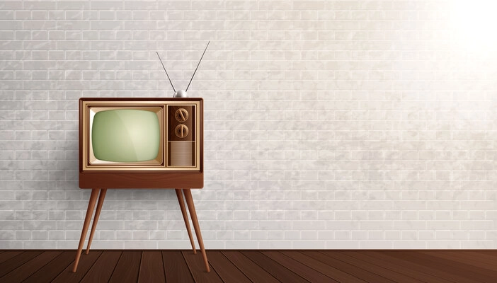 Retro vintage old tv realistic composition with indoor view of room with brick wall and television vector illustration