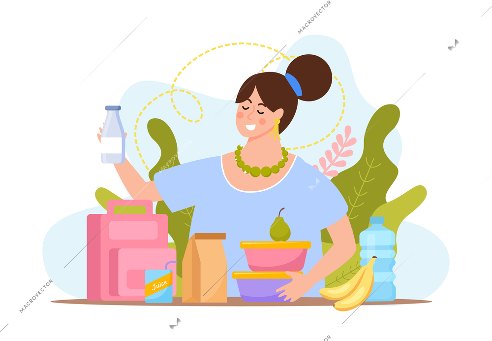 Lunch box flat composition with female character holding plastic food containers ripe fruits and beverage bottle vector illustration