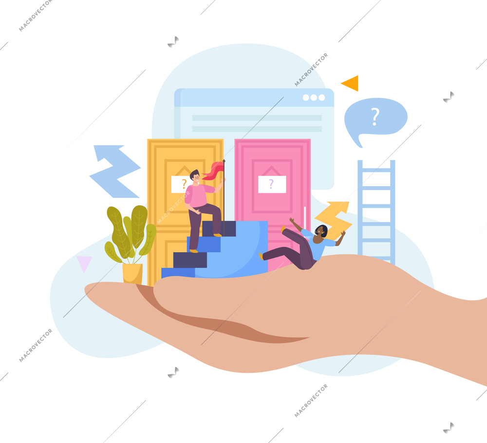 Man with ladder flat composition with human hand holding doors with arrows people falling from ladders vector illustration