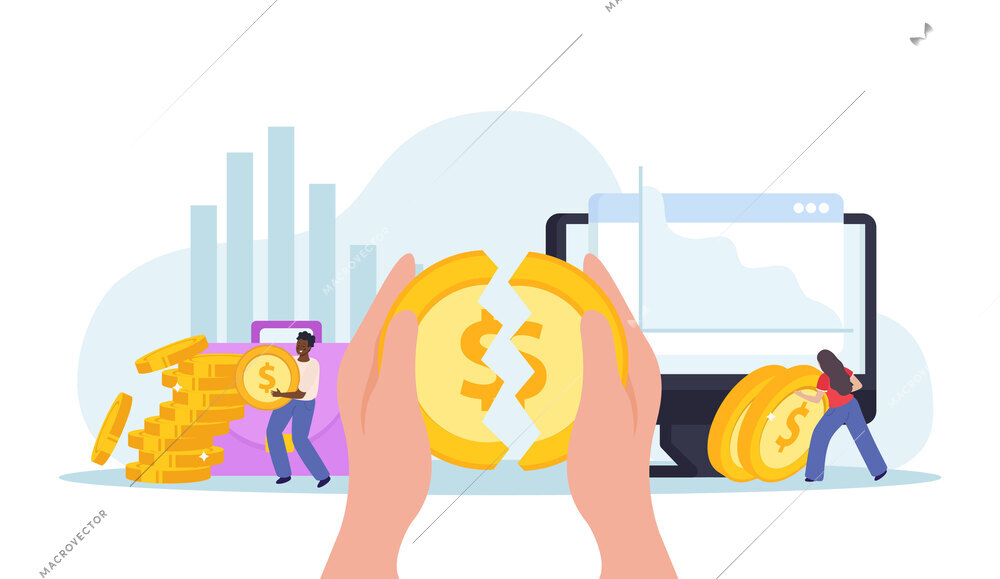 Financial instability flat icons composition of hands holding cracked coin with bar chart and graph silhouettes vector illustration