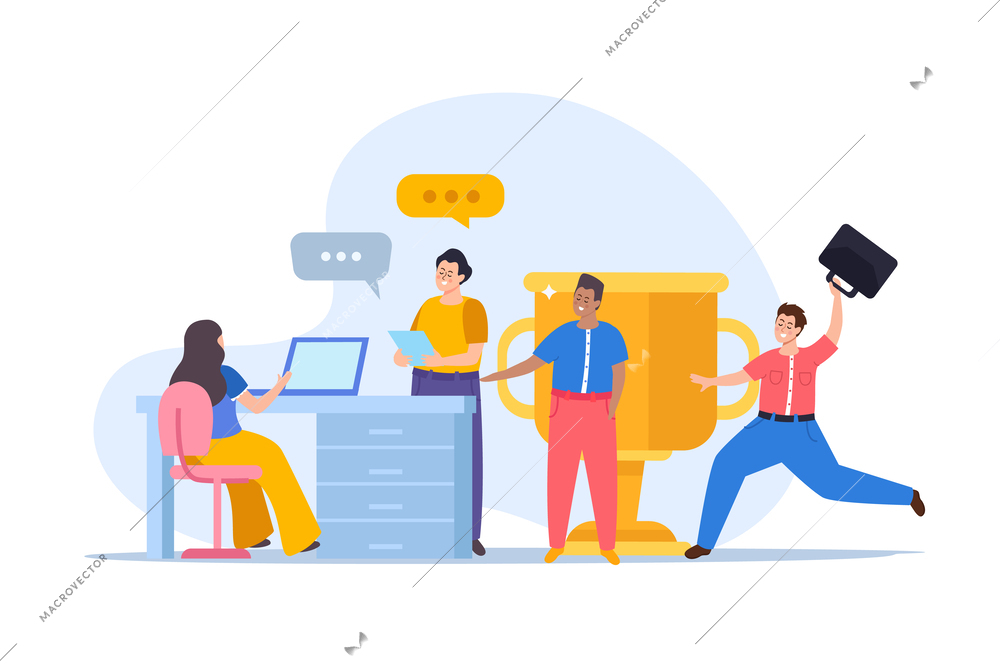 Event planning flat composition with view of doodle coworkers team ideas trophy cup and chat bubble vector illustration