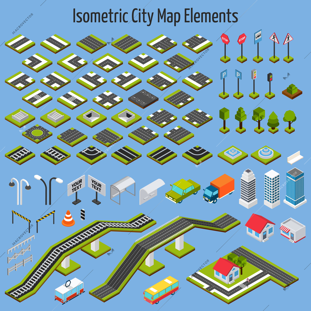 Isometric city map road and house construction elements set isolated vector illustration