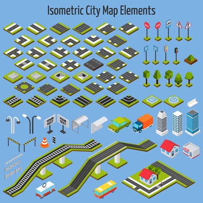 Isometric city map road and house construction elements set isolated vector illustration