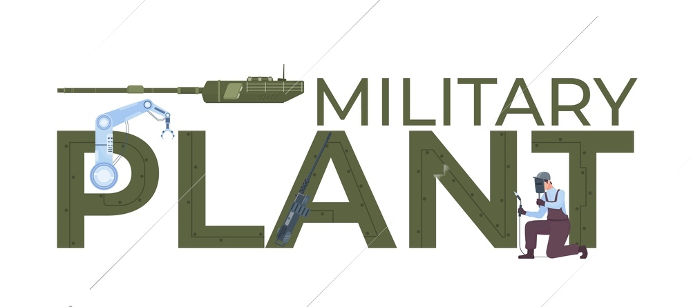 Military plant text header concept with big letters and different arms  flat vector illustration