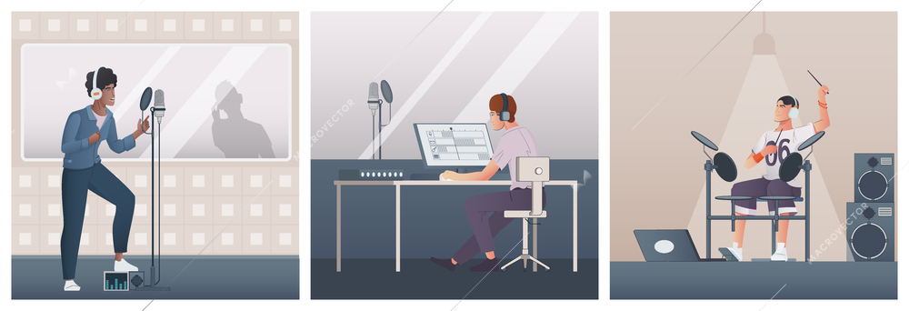 Digital music three square illustrations with young people recording music at workplace with computer flat vector illustration