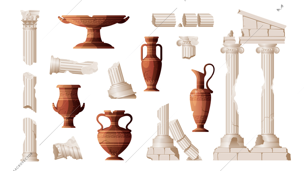 Ancient ruins vases set of isolated icons with greek jars amphoras and pieces of broken columns vector illustration