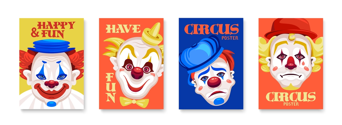 Set of four isolated vertical posters with heads of clowns characters solid background and ornate text vector illustration
