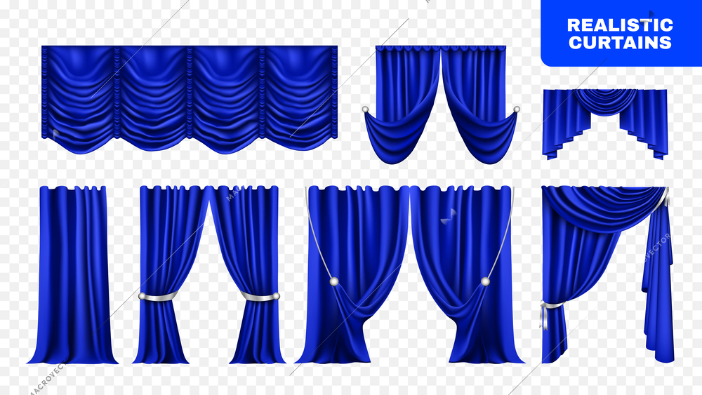 Set with isolated realistic images of luxury curtains of blue color on transparent background with text vector illustration