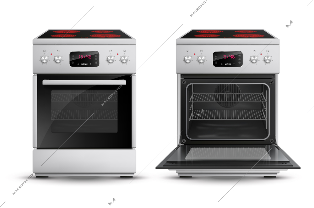 Realistic gas stove set with two isolated images of open and closed hood with electric cooktop vector illustration