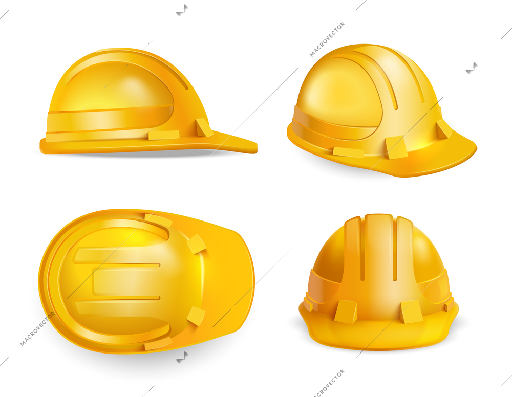 Realistic safety construction helmet composition with isolated images of yellow hard hat with different view angles vector illustration