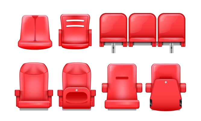 Realistic stadium tribune rows set of isolated plastic seat images from different angles standard and vip vector illustration