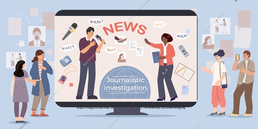 Journalistic investigations flat composition with doodle characters of people and screen with investigative report and text vector illustration