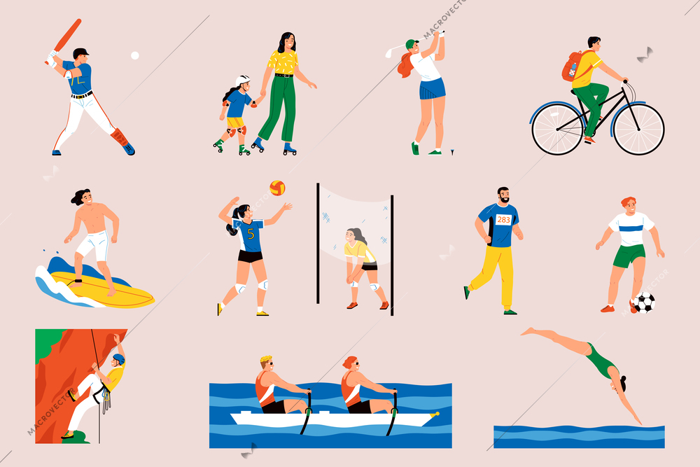 Summer sport color set with isolated icons of athletes in uniform and ordinary people doing sports vector illustration