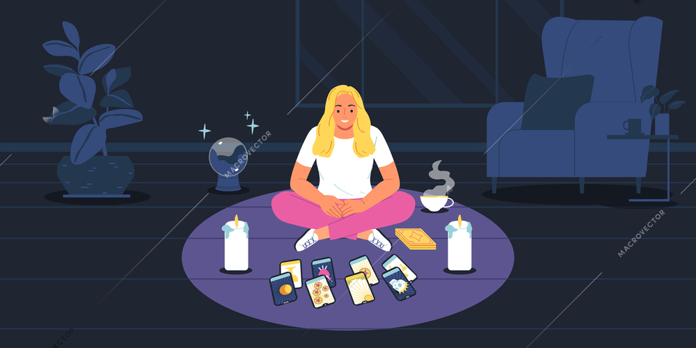 Fortune telling background with tarot and candles symbols flat vector illustration