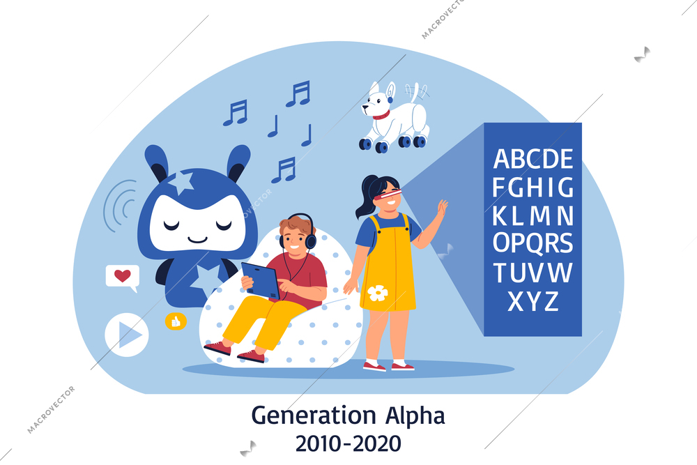 Generation alpha composition with characters of children with toys vr alphabet musical notes and media pictograms vector illustration