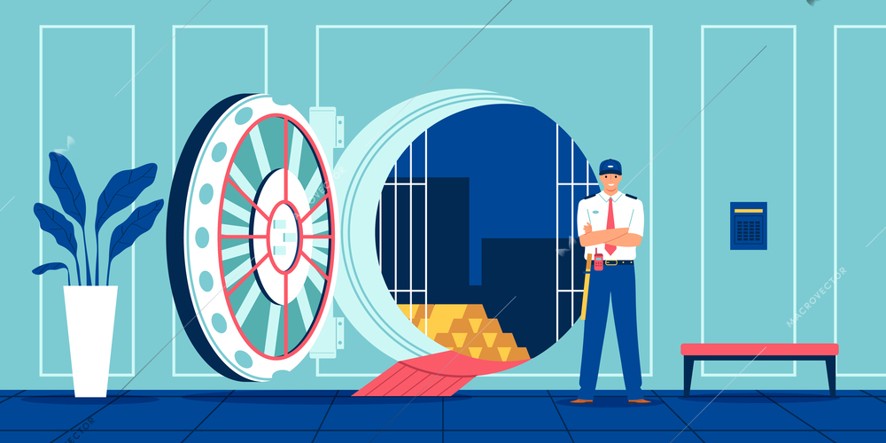 Bank composition with indoor view of safe bank storage with circle door golden bars and guard vector illustration