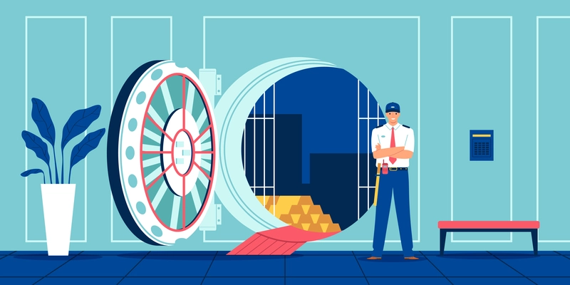 Bank composition with indoor view of safe bank storage with circle door golden bars and guard vector illustration