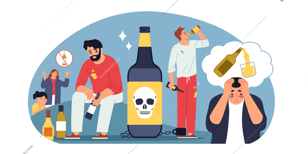 Addiction composition with doodle human characters of addicted people drinking alcoholic beverage drinks with prohibition signs vector illustration