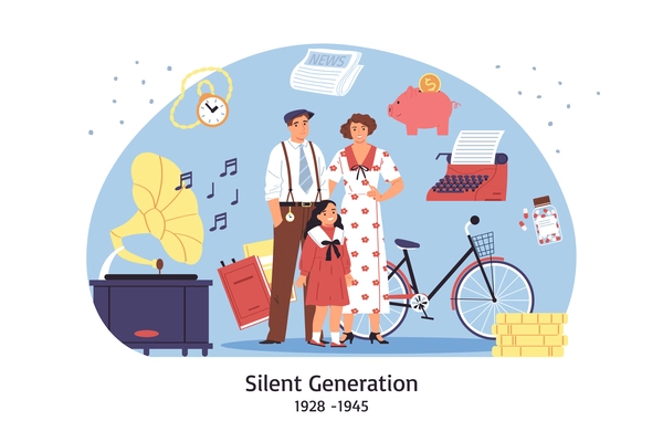 Generation silent composition with doodle characters of family members with vintage typewriter bicycle gramophone newspaper icons vector illustration