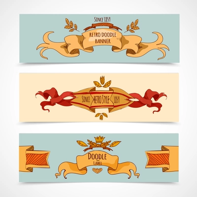 Hand drawn horizontal banners set with retro style ribbons decoration elements isolated vector illustration